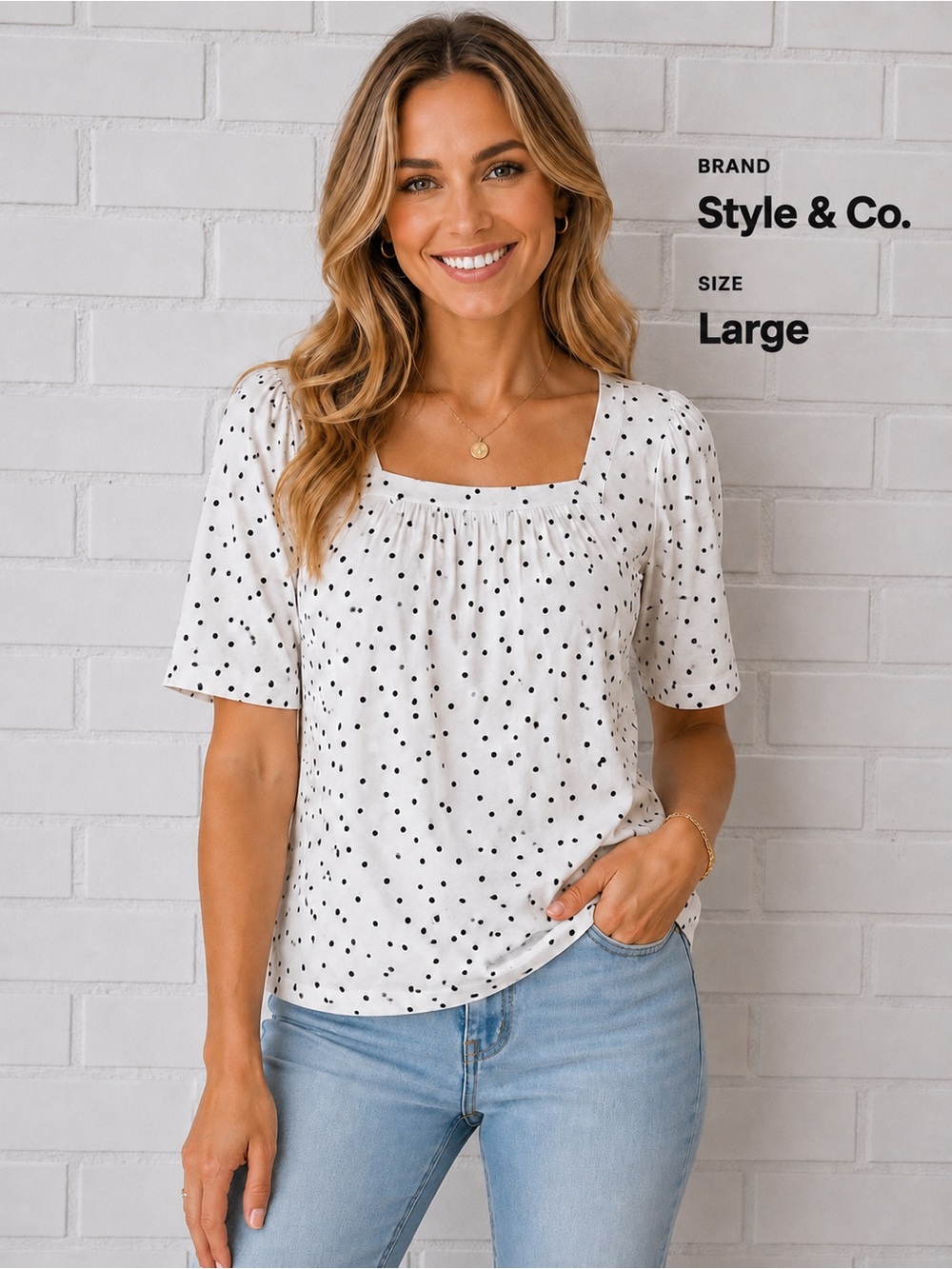 Style & Co White Black Polka Dot Square Neck Flutter Sleeve casual comfort Top L